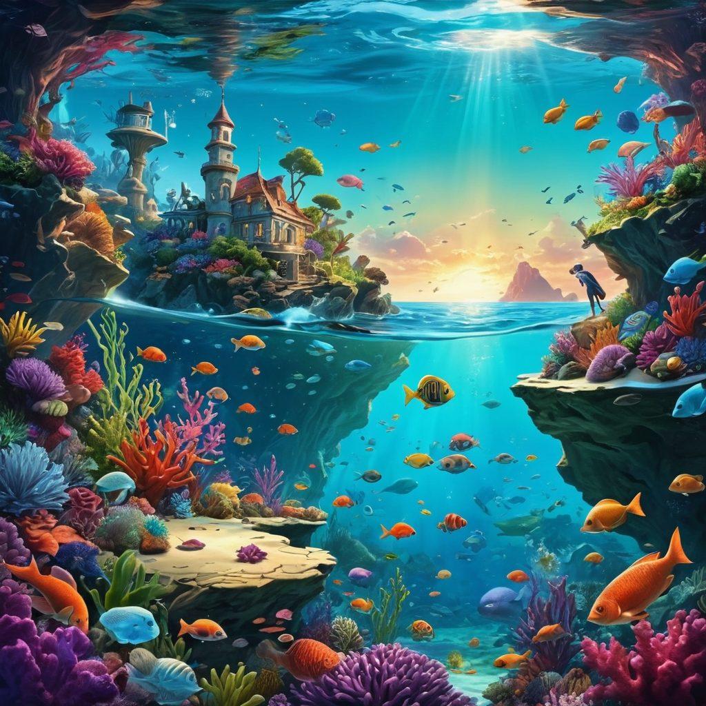 A visually engaging collage of diverse adult animation styles, showcasing vibrant characters in dynamic poses, with elements symbolizing exploration like a treasure map and magnifying glass. Incorporate a whimsical underwater theme with colorful sea creatures, creating an inviting yet playful atmosphere. Bright colors mixed with a slight touch of fantasy, emphasizing both depth and allure. high-fidelity art. vivid colors.